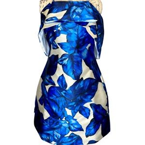 Renn Blue Floral Ruffle Summer Dress Size Small White Shift Tropical Palm Print